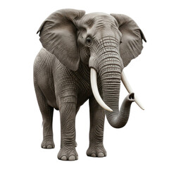 Fototapeta premium Gray elephant standing isolated on transparent background with large ears and tusks