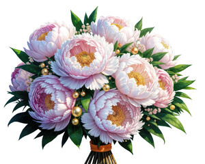 3D floral bouquet, white peonies and greenery, gold pearls with golden beads on the edges of the flowers. Generative AI