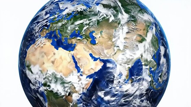 A rotating blue and green planet Earth seen from space on a white background