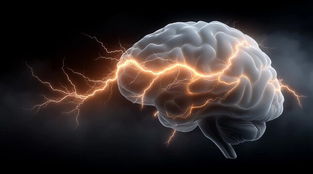 Human brain with glowing electric lightning effect symbolizing intelligence, neural activity and powerful mental energy