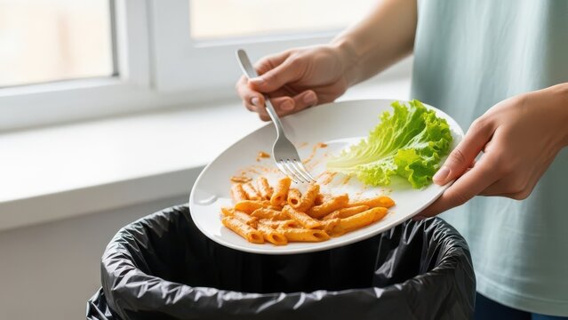 Person throwing away a plate of leftover food into a trash can near a window