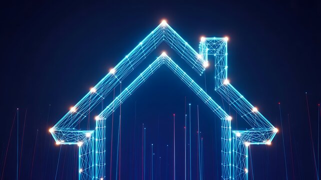 Smart home technology concept with glowing digital house icon  
