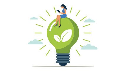 Woman Reading on a Green Light Bulb with Leaves and Clouds, Symbolizing Eco-Friendly Ideas