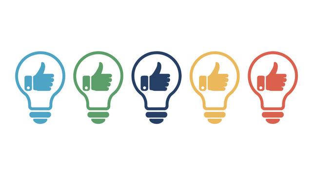 Five colorful lightbulbs with thumbs up icons, symbolizing good ideas