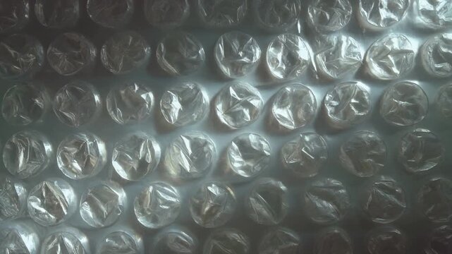 Detailed surface of clear protective plastic bubble film, showcasing its unique transparent texture and repeating spherical pattern, ideal for packaging, safety, and material design concepts