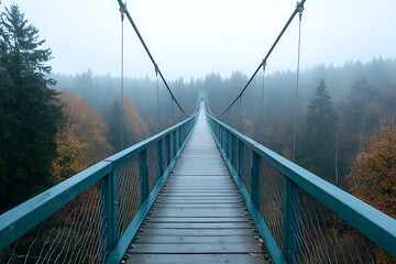 Misty Suspension Bridge Surrounded by Trees in Foggy Forest Landscape