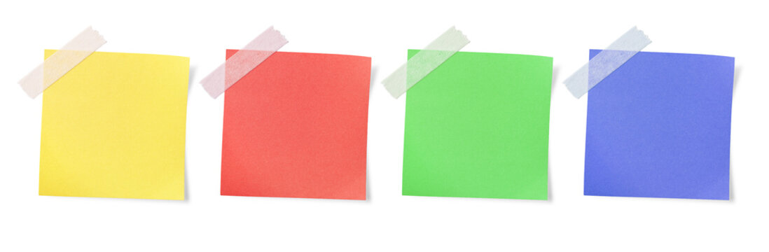 Sticky note reminder. Post it note paper. Yellow green red and blue  sheets for notes isolated with clipping path on background.
