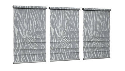 Three abstract zebra-striped roller blinds, side-by-side, against a black background