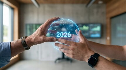 Hands interacting with 2026 digital earth globe hologram in modern office