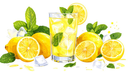 Refreshing lemonade in a tall glass, surrounded by lemons, ice cubes, and mint leaves