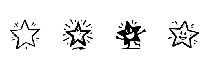 Star Characters In Hand Drawn Style Set. Playful And Expressive Star Doodle Sketch Collection. Fun And Whimsical Design. Isolated Vector Illustration