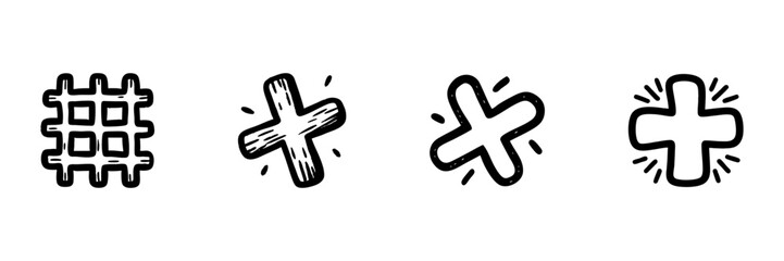 Obraz premium Hash And Plus Symbols In Hand Drawn Style Set. Social Media, Mathematics, And Medical Sign Doodle Sketch Collection. Hashtag And Addition Symbols. Isolated Vector Illustration