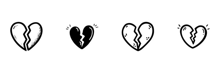 Obraz premium Broken Heart Icons In Hand Drawn Style Set. Emotional Distress, Heartbreak, Relationship Challenges Doodle Sketch Collection. Love And Sadness Symbols. Isolated Vector Illustration