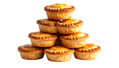 A stack of golden, round savory pies with crimped crusts, isolated on black