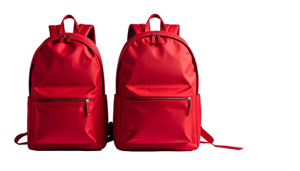 Two bright red backpacks, frontal view, on a black backdrop