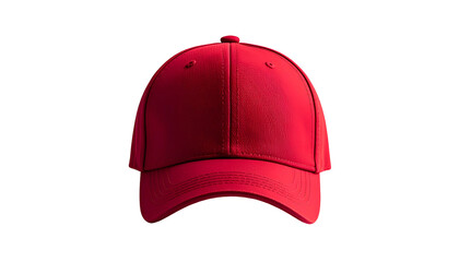 A vibrant red baseball cap, isolated against a stark black background, showcasing detail