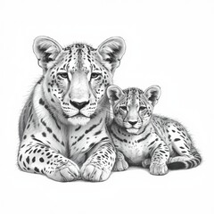 Fototapeta premium Black and white illustration, sketchy pencil drawing, close-up of a Leopard lying with a cub. High quality photo