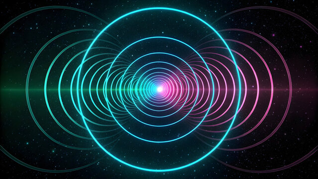 Abstract neon concentric energy waves forming a glowing symmetrical tunnel in deep space, futuristic scientific visualization representing quantum vibration, frequency, and cosmic balance