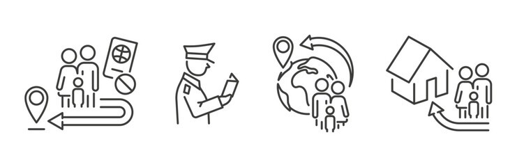 Family migration icons set, contains such as deportation, passport control, and new residence, returning home, line vector art icon.