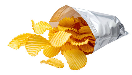 A partially opened foil bag spills ridged potato chips onto a transparent background