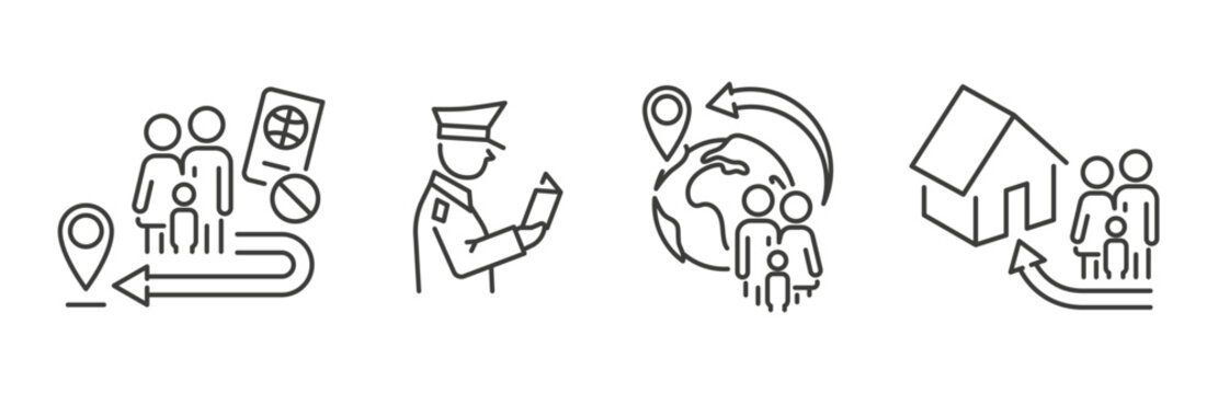 Family migration icons set, contains such as deportation, passport control, and new residence, returning home, line vector art icon.