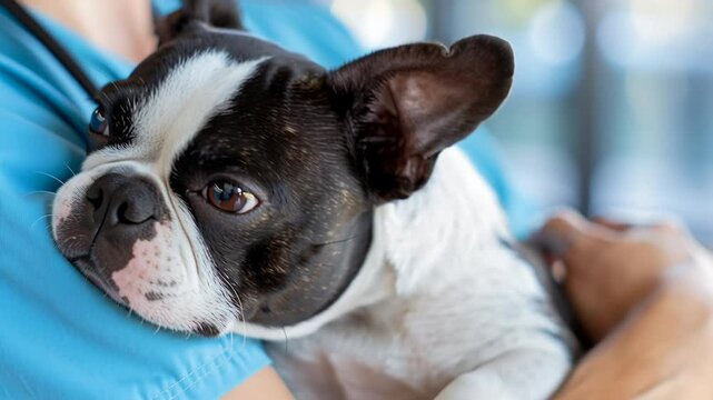 Boston Terrier dog being held by a veterinarian in blue scrubs with stethoscope, pet healthcare and medical examination in a clinic setting for animal wellness