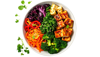 A vibrant bowl featuring vegetables and tofu, with greens, carrots, peppers and cubes