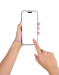 Smartphone mockup in hand with blank screen isolated on white background mobile app presentation digital marketing user interface design online communication modern technology concept.
