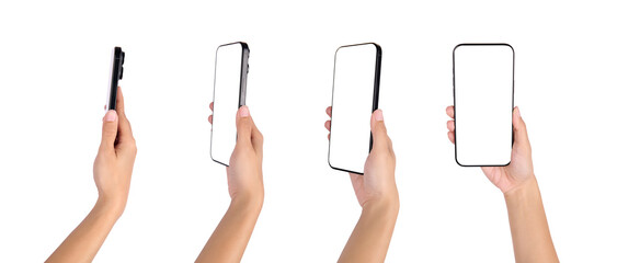 Smartphone mockup in hand with blank screen isolated on white background mobile app presentation digital marketing user interface design online communication modern technology concept.