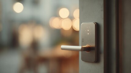 Close-up of a door handle on a door. the handle is made of metal and has a rectangular shape with a silver finish. it is attached to the door with a small rectangular plate.
