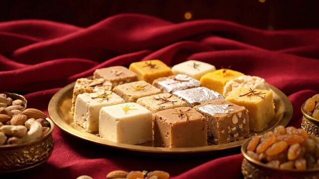 Assorted Indian sweets on gold plate with nuts on red cloth