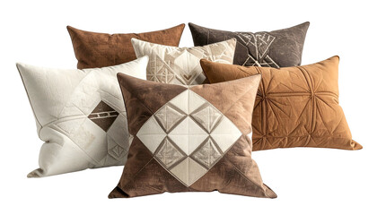 A collection of decorative pillows in various shades of brown and beige, with textured designs
