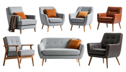 Assorted modern armchairs and a loveseat in various fabrics and colors, wood legs