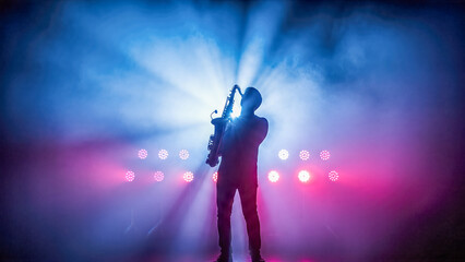 Fototapeta premium Silhouette of male musician playing saxophone on stage with blue and pink smoke lights during jazz concert music performance