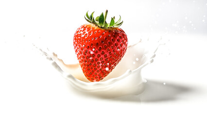 Fresh red strawberry falling into milk splash white background isolated macro motion drop liquid dairy yogurt dessert fruit healthy food vitamin sweet tasty organic nature