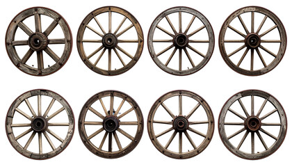 Eight aged wooden wagon wheels, arranged in two rows against a stark black background