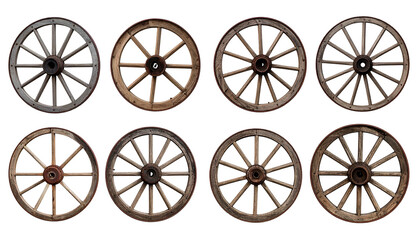 Eight weathered wooden wagon wheels of varying conditions, arranged in two rows