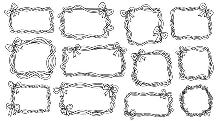 Set of 11 Hand Drawn Ribbon Frame Icons Vector Black and White Decorative Border Illustrations with Bows for Design