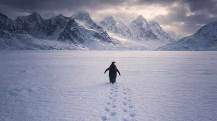 Naklejka premium Lone emperor penguin leaving footprints across a vast Antarctic snowfield toward dramatic icy mountains under a moody sky—minimalist winter wildlife landscape, cinematic serenity in high detail!