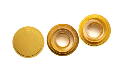 Three golden layered circles on a black background, with gradients and concentric shapes