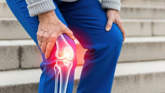An elderly person holding their knee with a glowing red and yellow pain point on a staircase background
