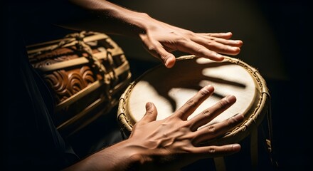 Macro Shot of Hands Playing a Traditional Sri Lankan Yak Bere Drum in Cinematic Light