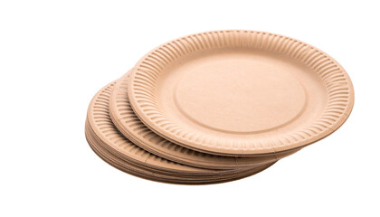 Stacked eco-friendly disposable plates with ridged rims in tan color on a black background