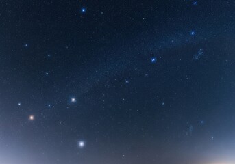 Fototapeta premium Clear night sky sprinkled with bright stars arching in a faint band of the Milky Way, a tranquil celestial dome above the fading glow of dusk