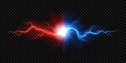 Obraz na płótnie Canvas Vibrant red and blue lightning explosion. Powerful dual-energy concept with red and blue lightning bolts and bright energy burst. Vector illustration with dynamic lightning discharge.