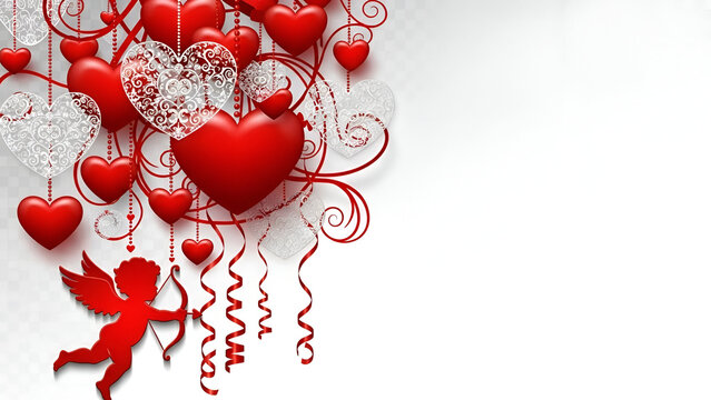 Red and white heart shapes with cupid and swirls on white background