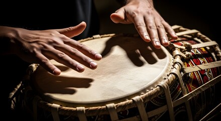 Macro Shot of Hands Playing a Traditional Sri Lankan Yak Bere Drum in Cinematic Light
