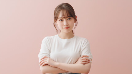 Obraz premium Confident Japanese woman standing with arms crossed on pink background
