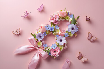 Obraz premium International Women's Day. Banner, flyer, beautiful postcard for the March 8 holiday. Flowers in the shape of the number eight and butterflies on a pink background.