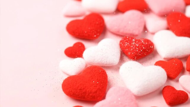 Close up of heart shaped objects with red white and pink colors